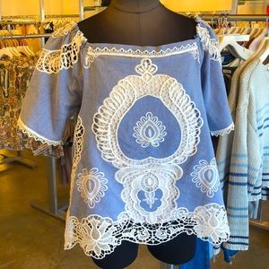 Chambray w/ Lace Eyelet Detail Off Shoulder Blouse